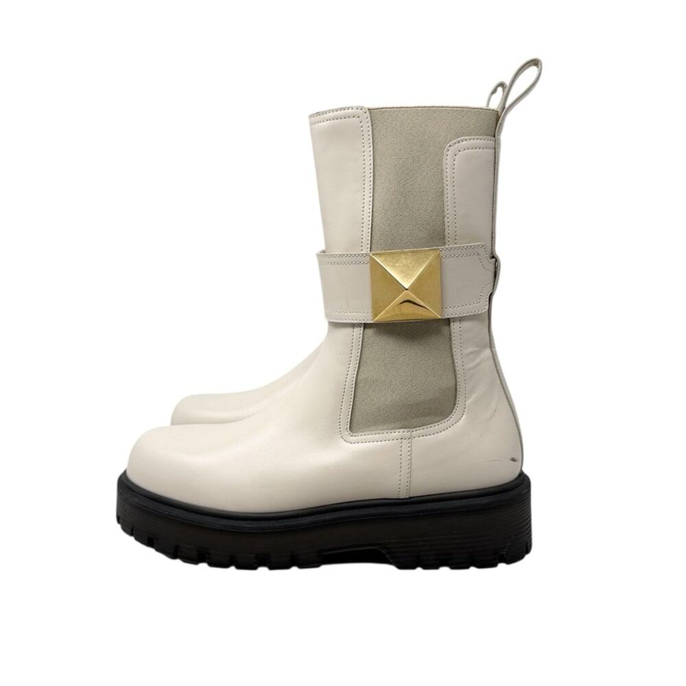Valentino Garavani Beatle One Stud Cream Belted Leather Chelsea Boots Size 37.5